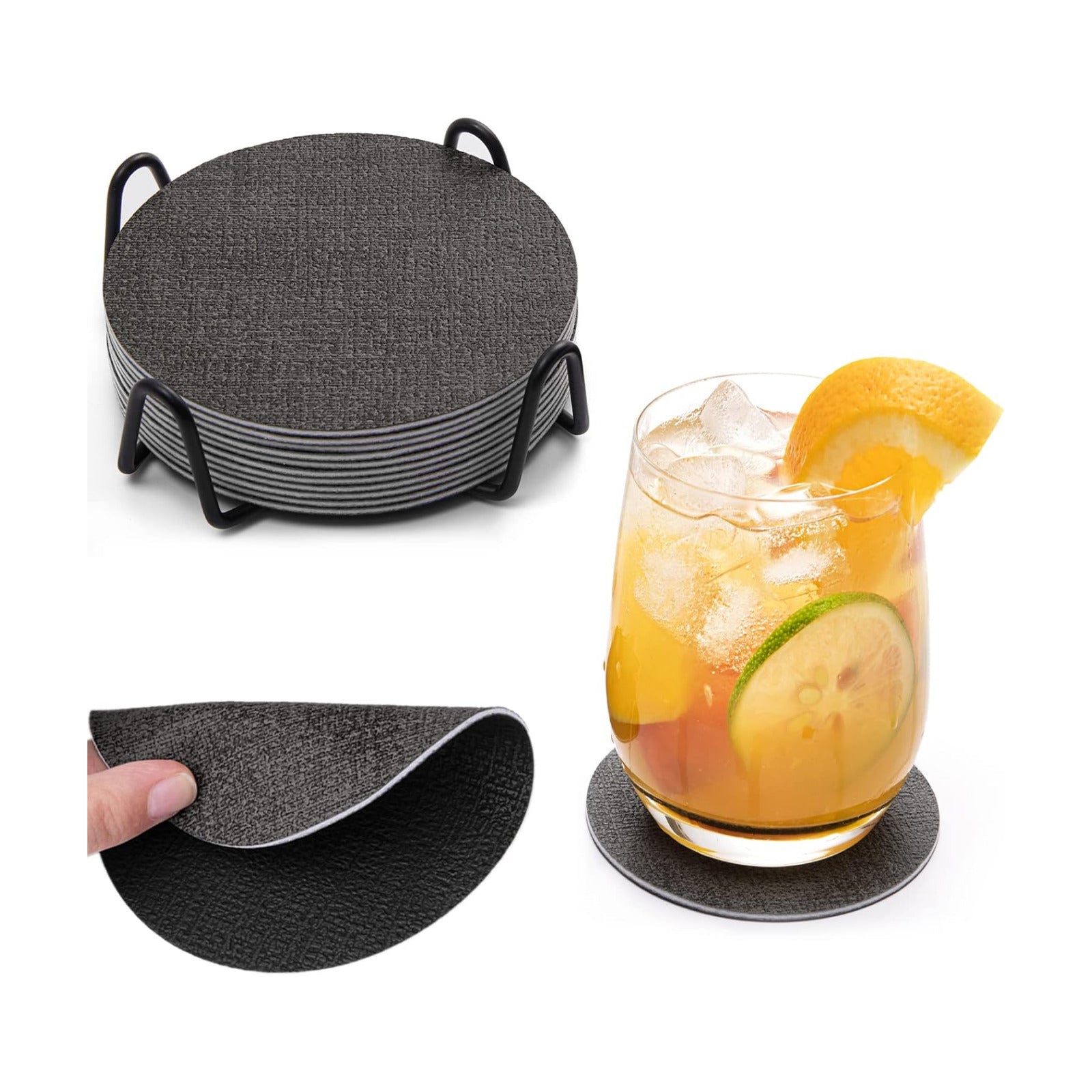 Holder / Dual Sided Non-Slip Washable Faux Leather Cup Coasters / Gray Black / Set of 12