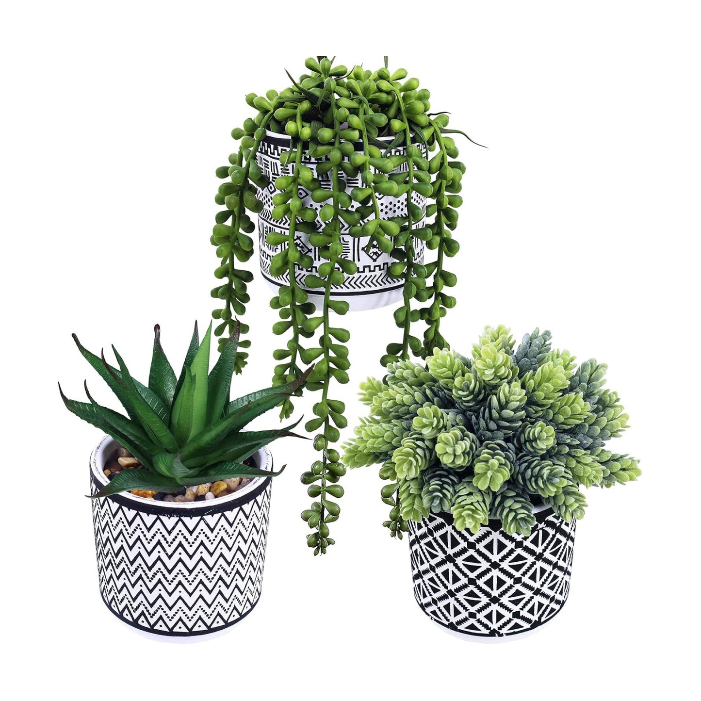 Small Potted Succulents Plants Artificial String of Pearls Aloe Hops Succulents / Black / Set of 3