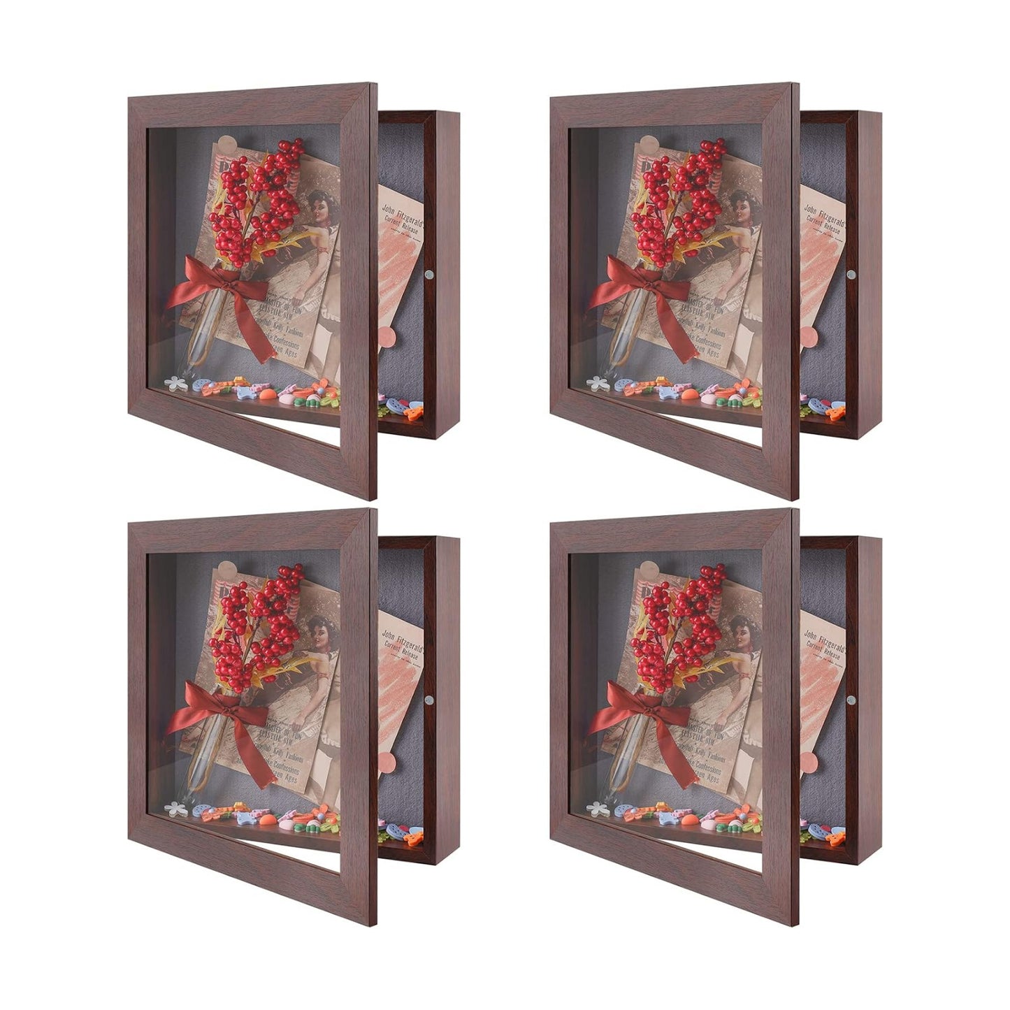 11x11 Shadow Box Frame Display Case, 2-inch Depth (Walnut, 4 Pack) | Strengthened Glass Cover, Display Box for Wall and