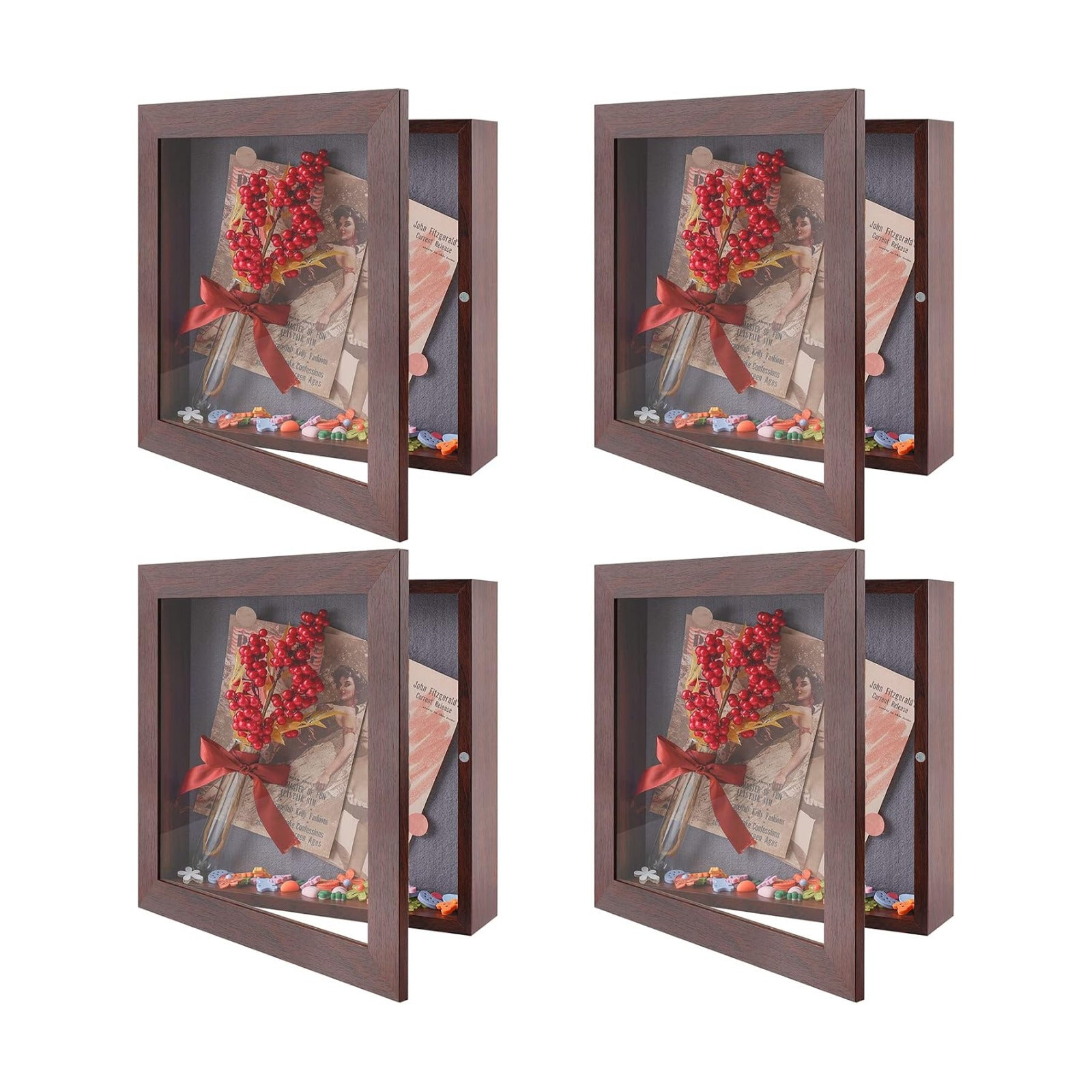 11x11 Shadow Box Frame Display Case, 2-inch Depth (Walnut, 4 Pack) | Strengthened Glass Cover, Display Box for Wall and