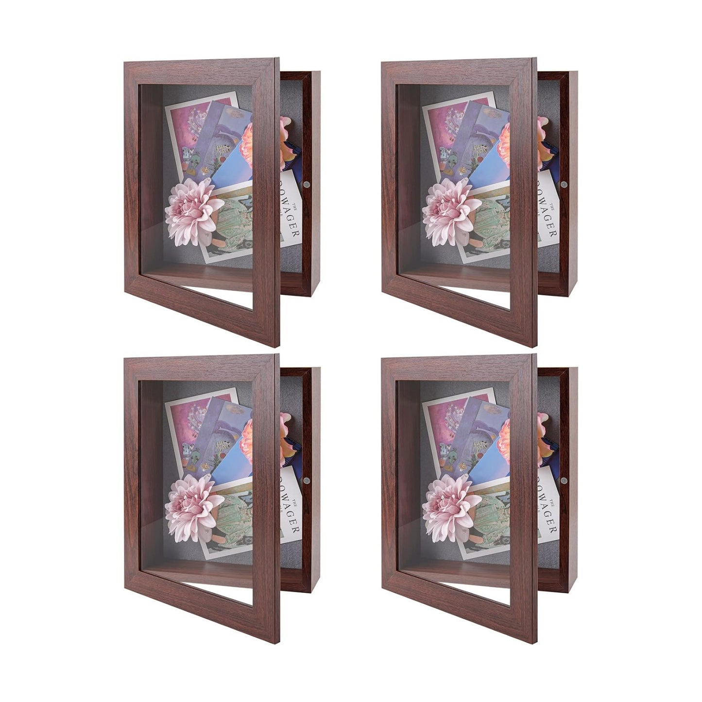8.5x11 Shadow Box Frame Display Case, 2-inch Depth (Walnut, 4 Pack) | Strengthened Glass Cover, Display Box for Wall