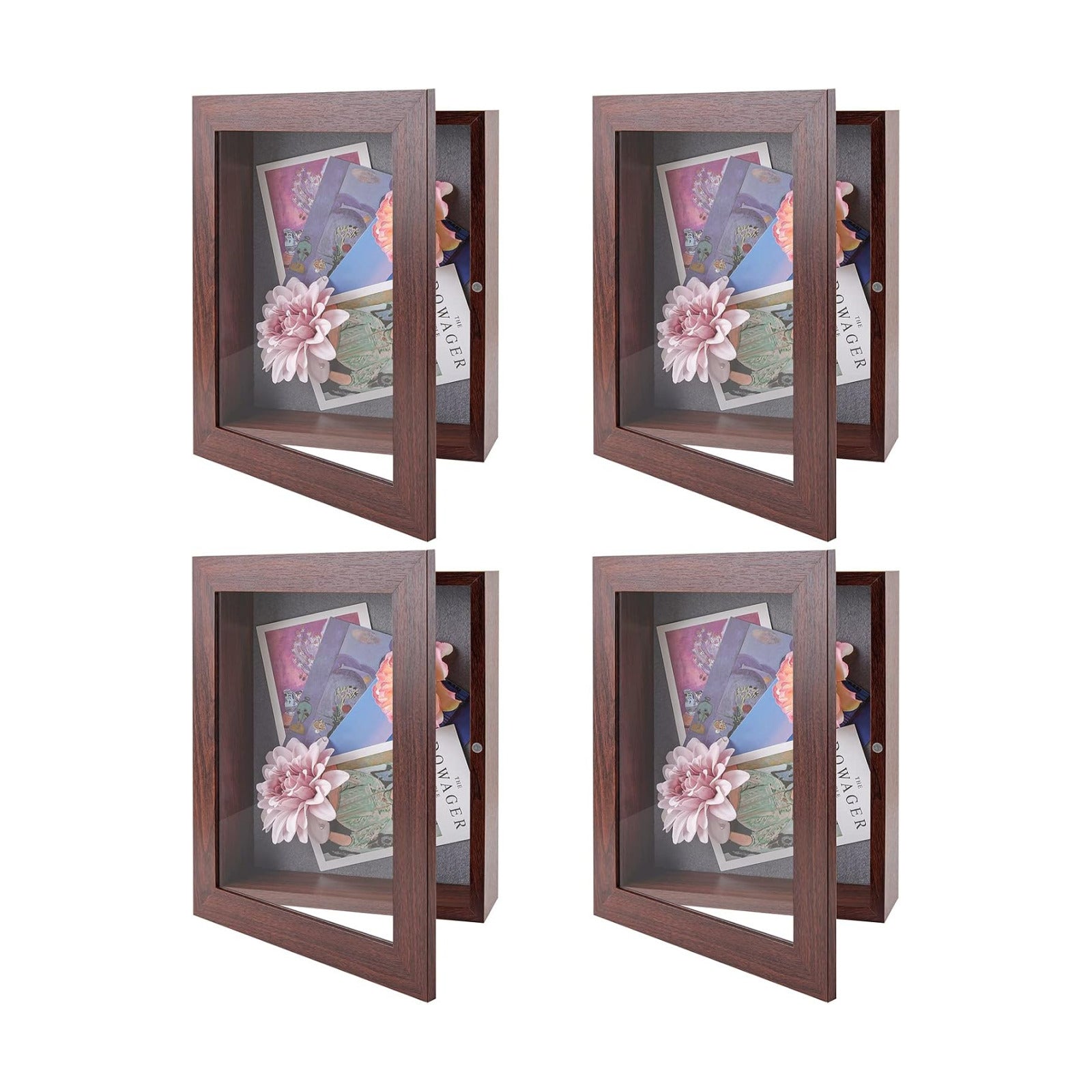 8.5x11 Shadow Box Frame Display Case, 2-inch Depth (Walnut, 4 Pack) | Strengthened Glass Cover, Display Box for Wall