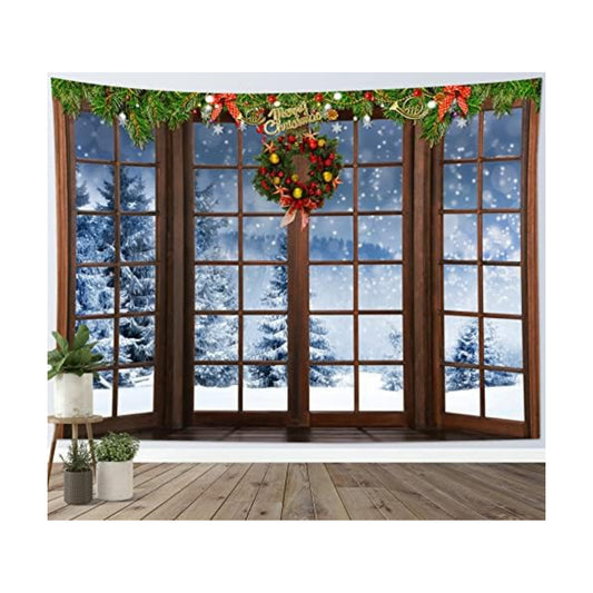 HVEST Christmas Winter Tapestry Snow Forest outside Windows Tapestries Wall Hanging Red Xmas Balls and Christmas Wreath Tapestry for Bedroom Living Room Dorm Wall Decor, 60W x 40H inches