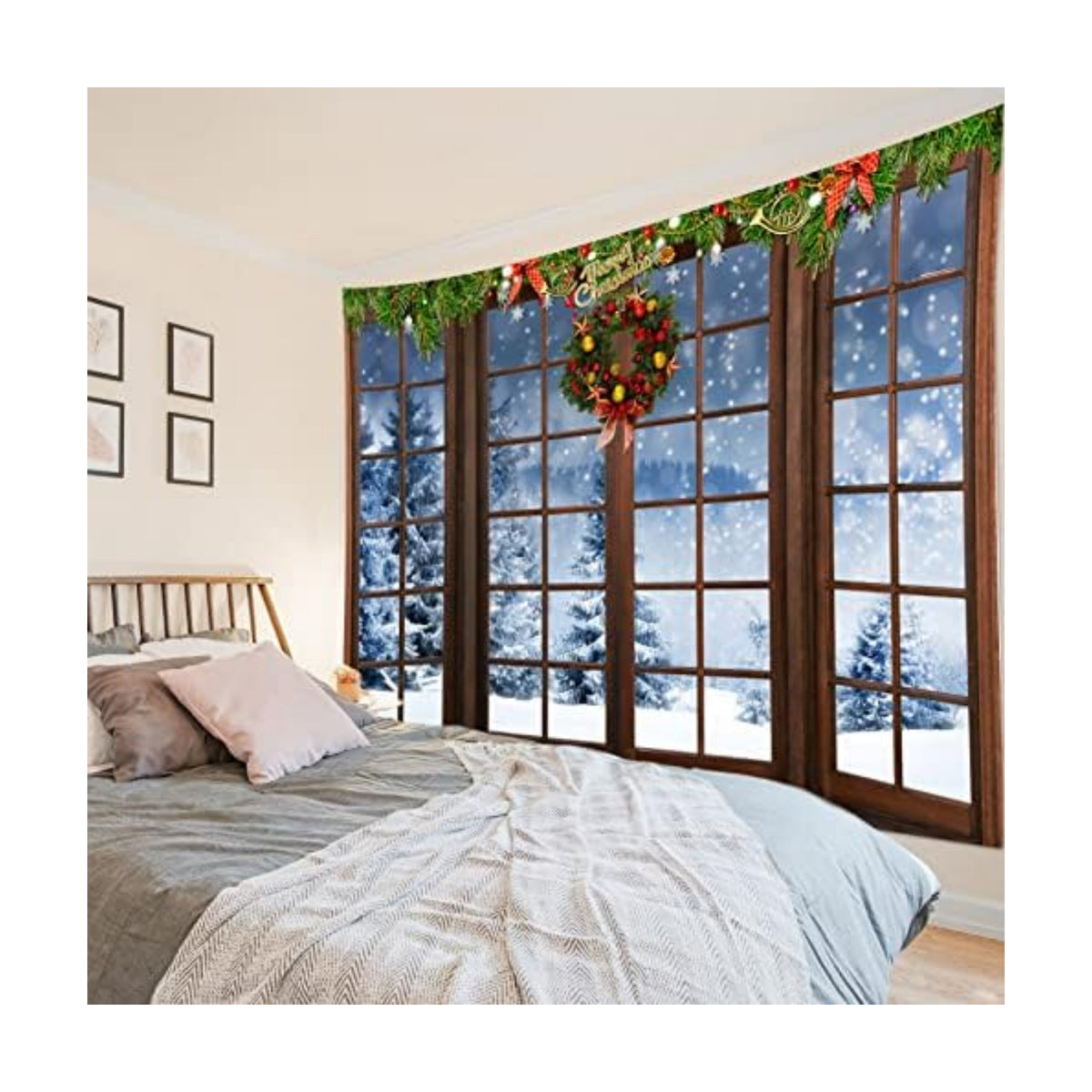 HVEST Christmas Tapestry Wall Hanging Winter Snow Pine Tree Forest outside Brown Window Tapestry for Bedroom, Xmas Nature Landscape Wall Art for Living Room Dorm Home Decor Backdrop, 80W x 60H inches
