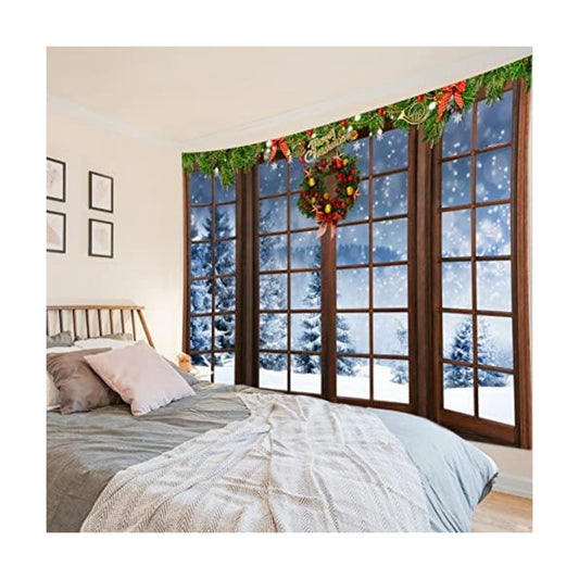 HVEST Christmas Tapestry Wall Hanging Winter Snow Forest outside Brown Window Tapestry for Bedroom, Nature Landscape Christmas Wall Art for Living Room Dorm Home Decor Backdrop, 92.5W x 70.9H inches