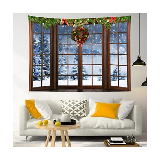 HVEST Winter Tapestry Snow Forest outside Windows Tapestries Wall Hanging Red Christmas Balls and Christmas Wreath Tapestry for Bedroom Living Room Dorm Wall Decor, 59W x 51H inches