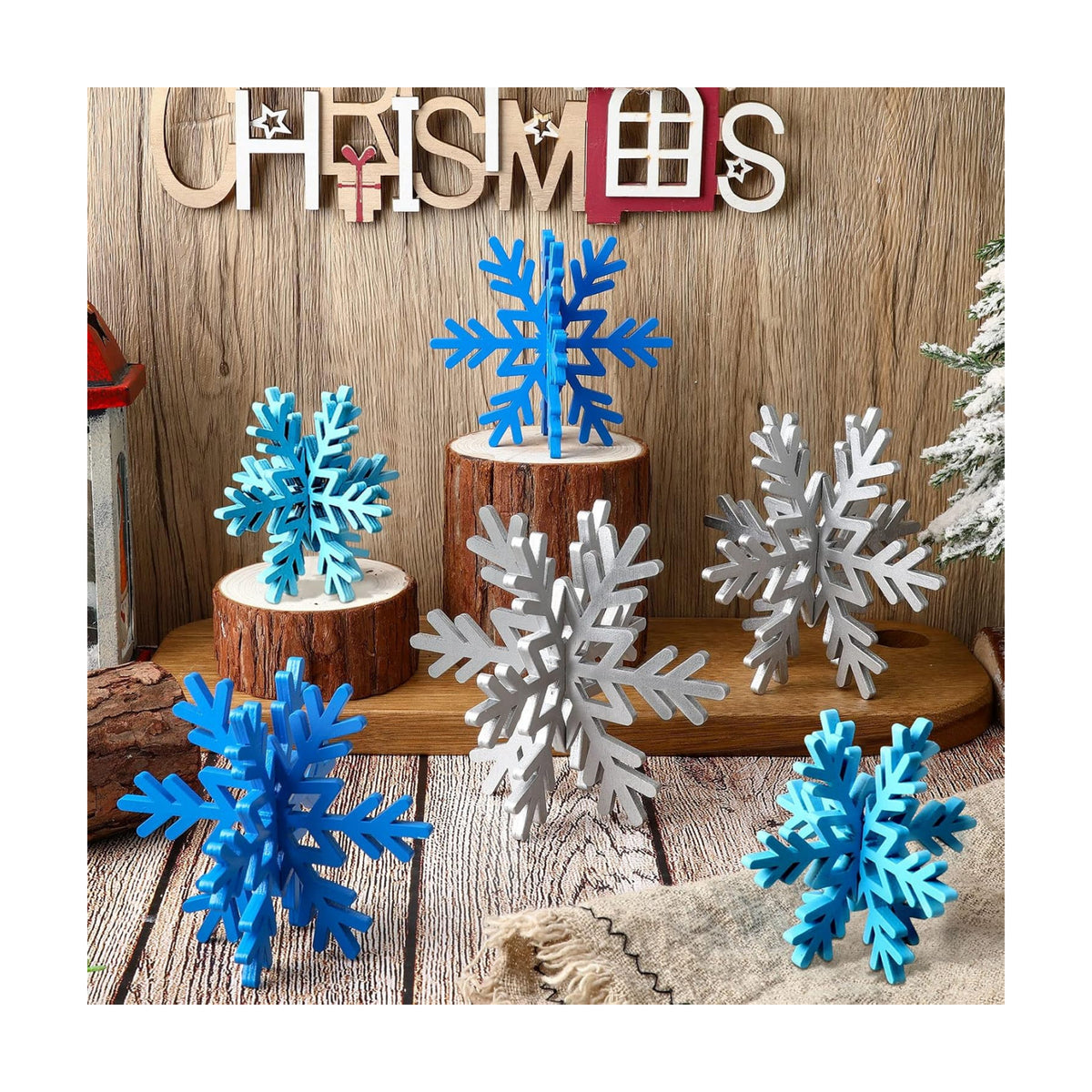 Bucherry 12 Pcs Wooden Snowflakes Table Decor,Silver, Blue