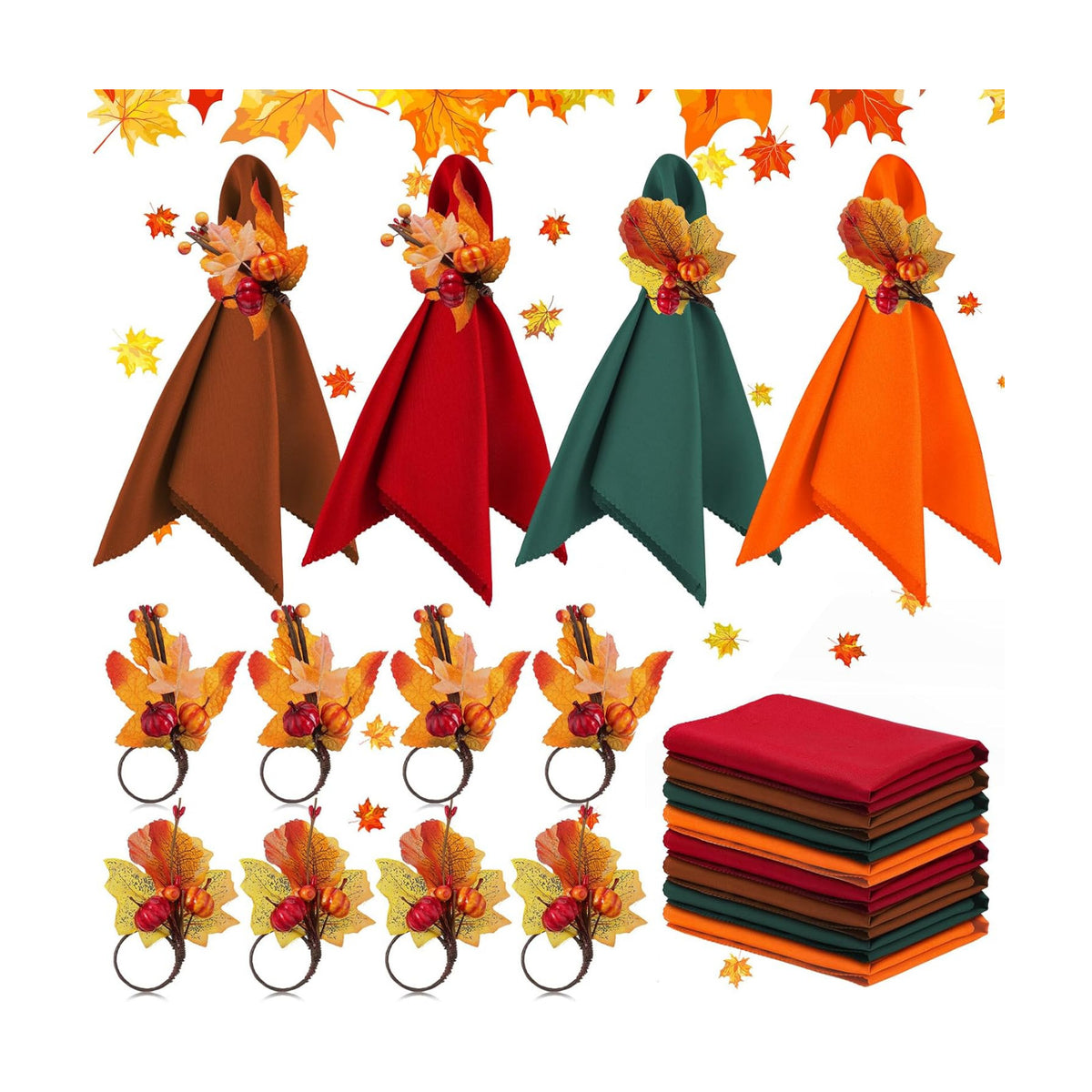 EBoot 16 Pcs Fall Thanksgiving Napkin Ring Set, Plant, Plastic