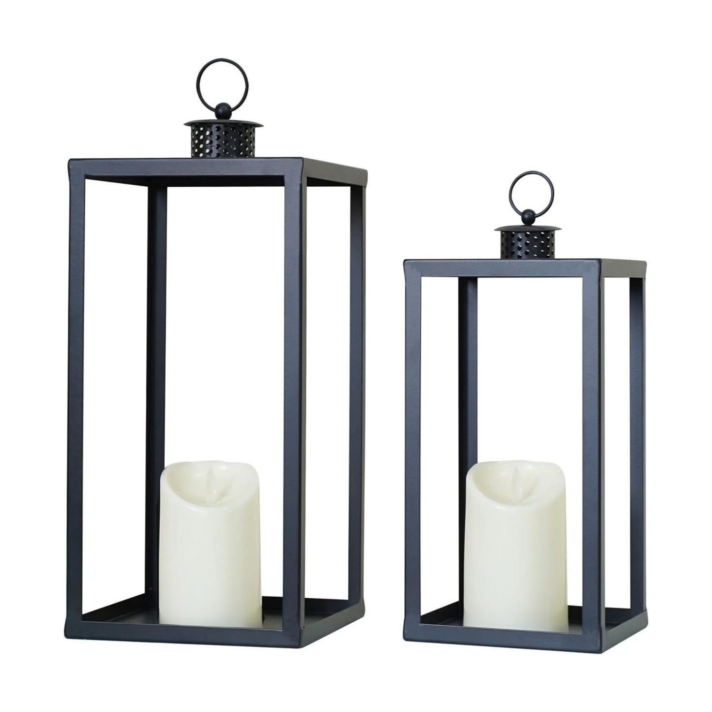 HPC Decor Black Metal Candle Lanterns Set of 2- Lanterns Decorative with Flickering Timer Candles- 16.5'' & 13'' Chunky