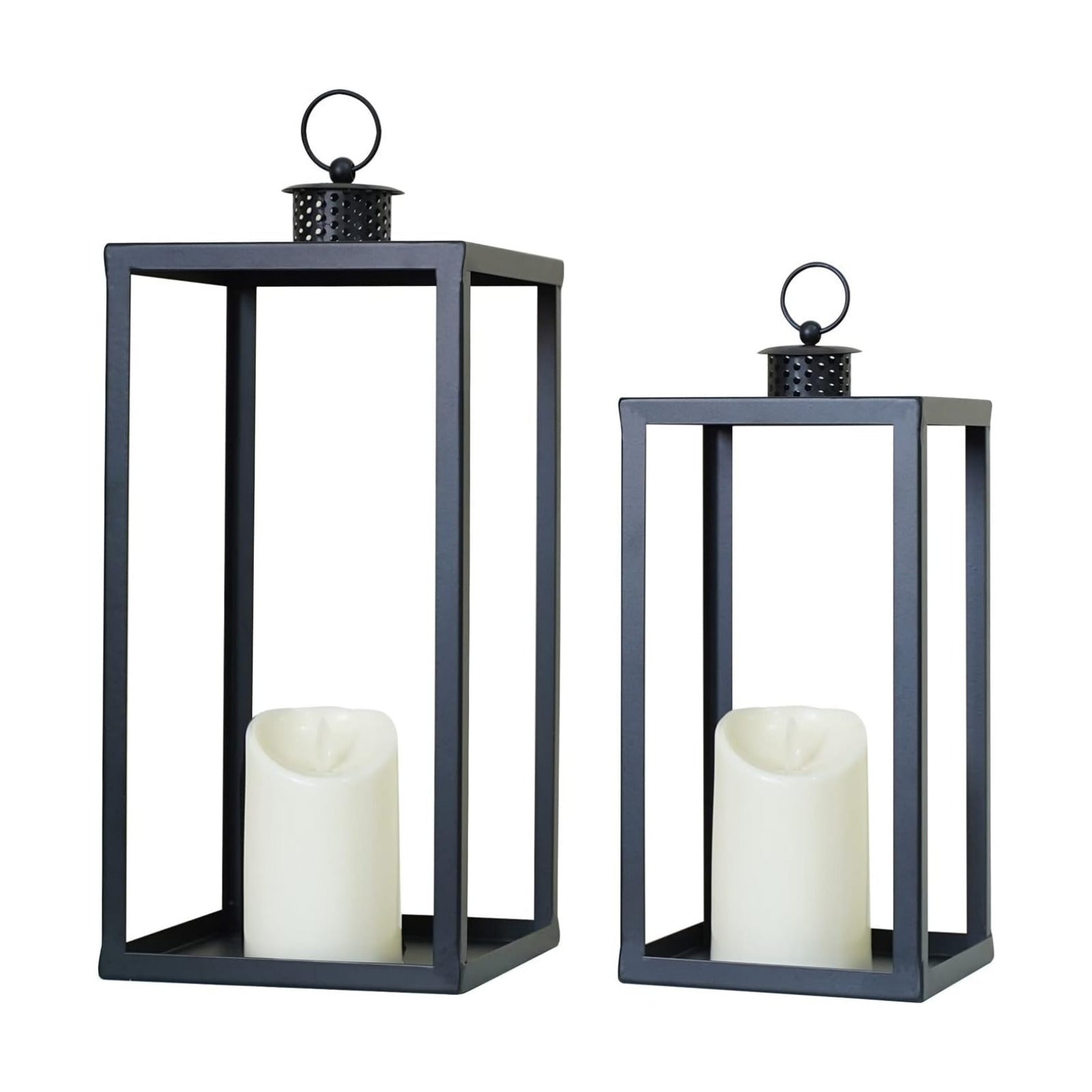 HPC Decor Black Metal Candle Lanterns Set of 2- Lanterns Decorative with Flickering Timer Candles- 16.5'' & 13'' Chunky