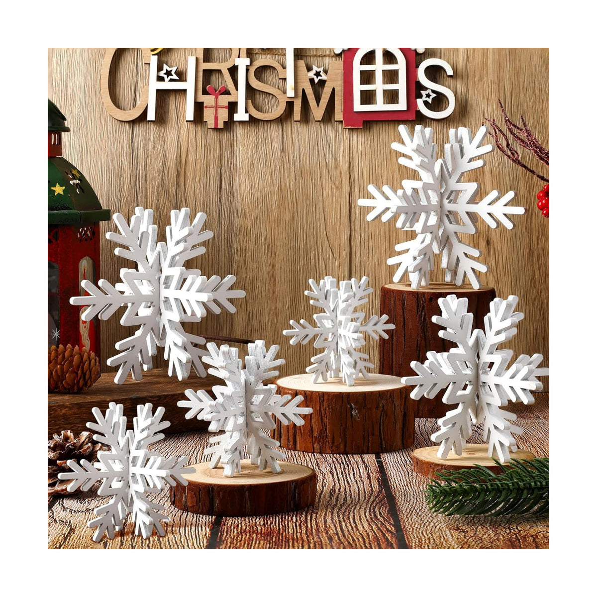 Bucherry 12 Pcs Wooden Snowflakes Table Decor,White