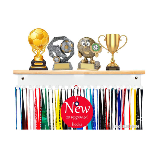 iBobbish Premium Trophy and Medal Display Shelf 16inchL,Metal Trophy Shelf with Hooks Upgraded,Large Bamboo Trophy