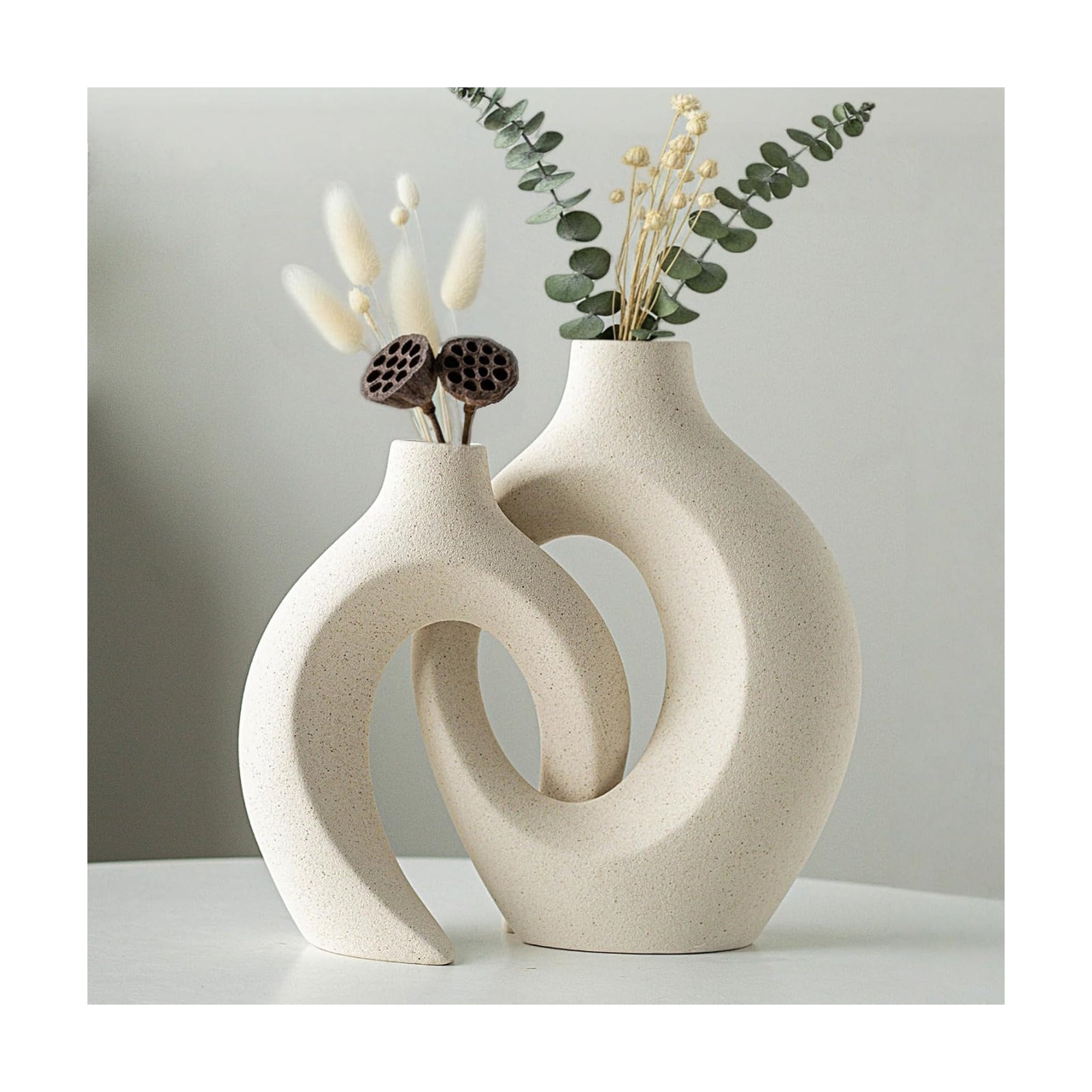 Hollow Ceramic Vase / Off White - Round Hollow / Set of 2