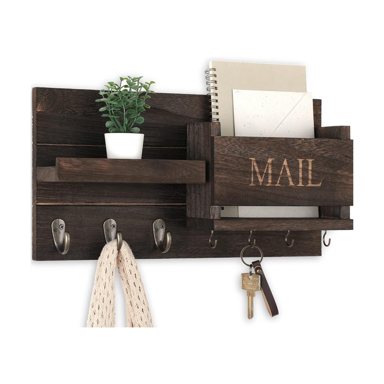 Shelf Includes Letter Holder and Hooks for Hallway Farmhouse / Brown