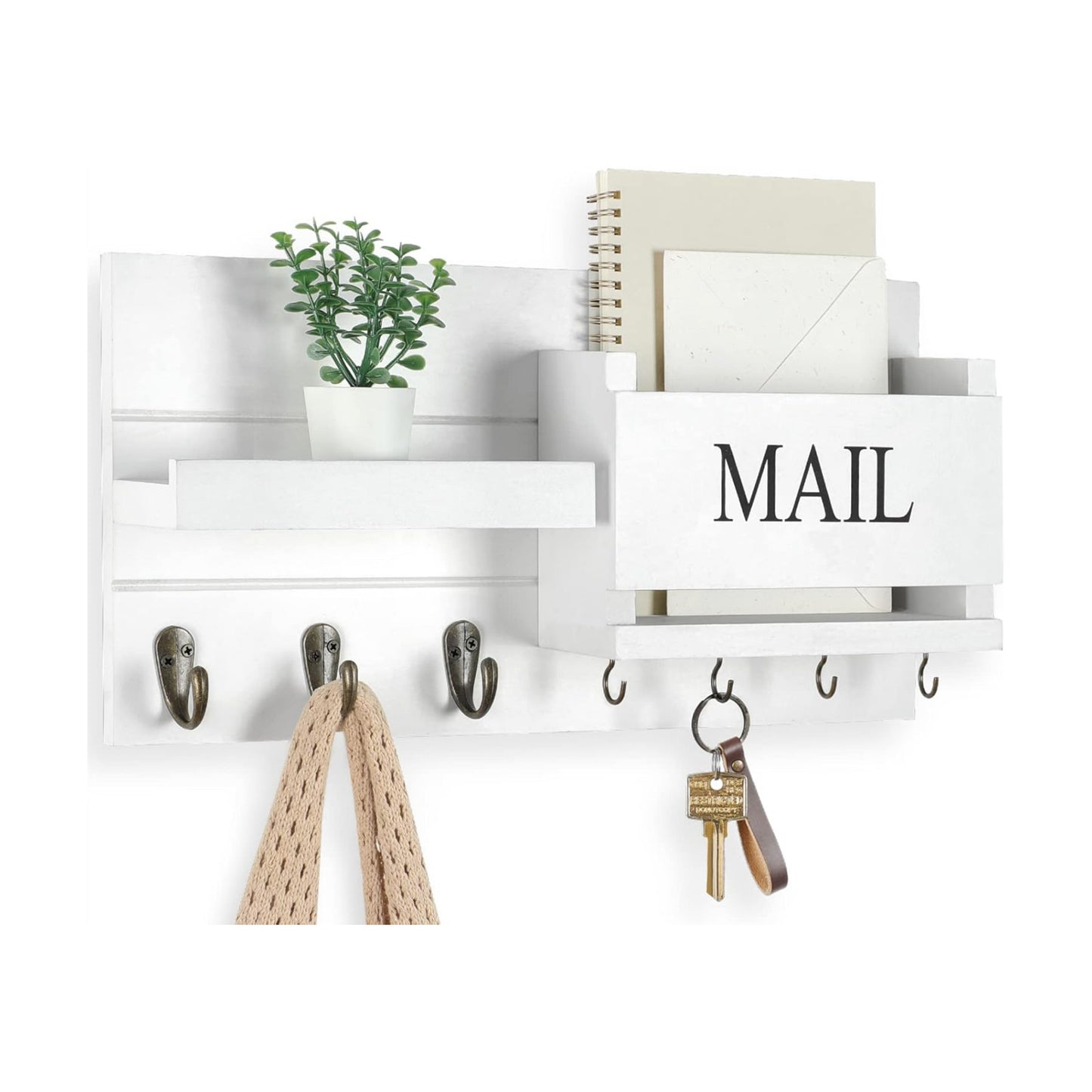 Shelf Includes Letter Holder and Hooks for Hallway Farmhouse / White