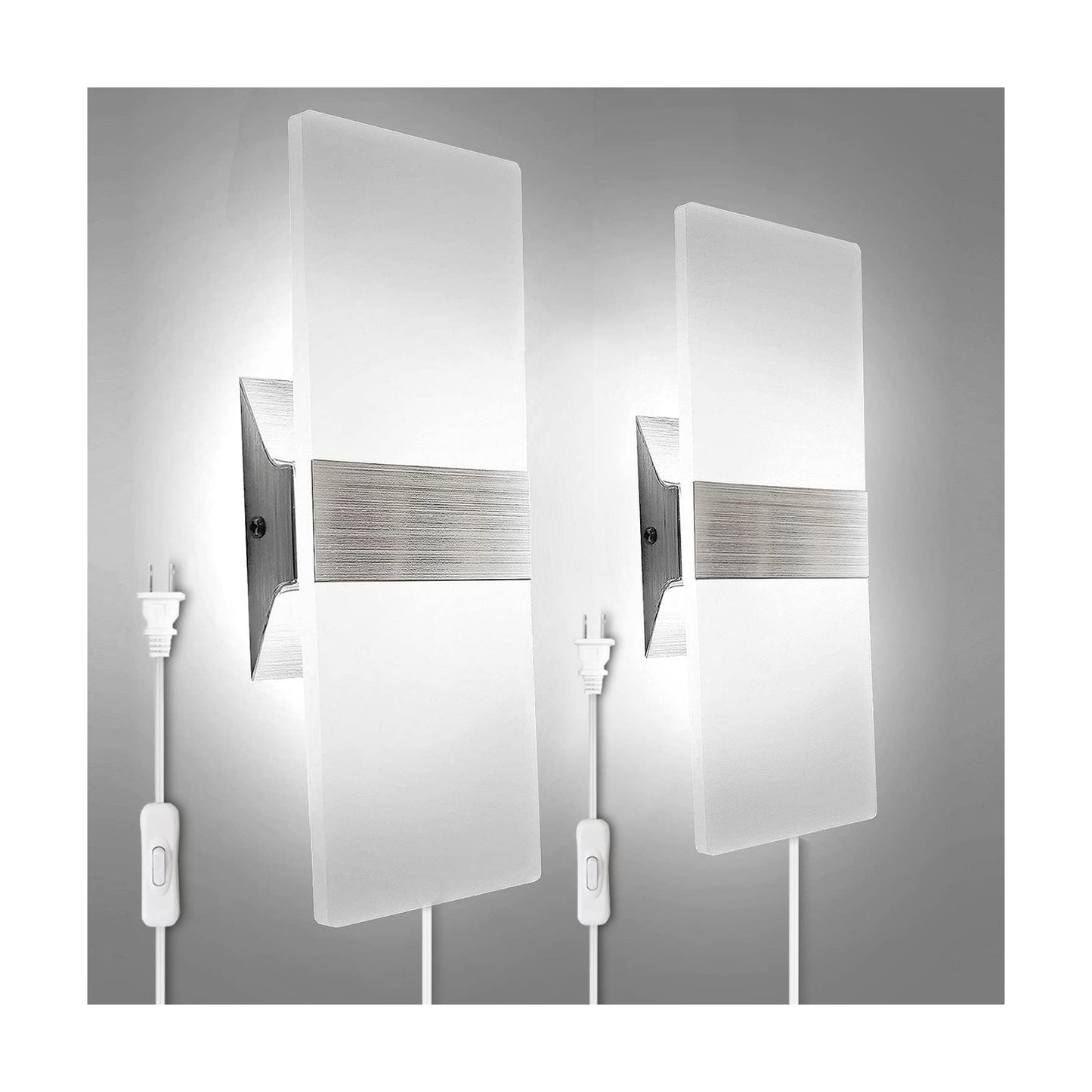 KICAAO Modern Wall Sconces Set of Two, Plug in 10W 6000K Cool White | Acrylic Wall Lights with 6FT/180cm Plug in Cord