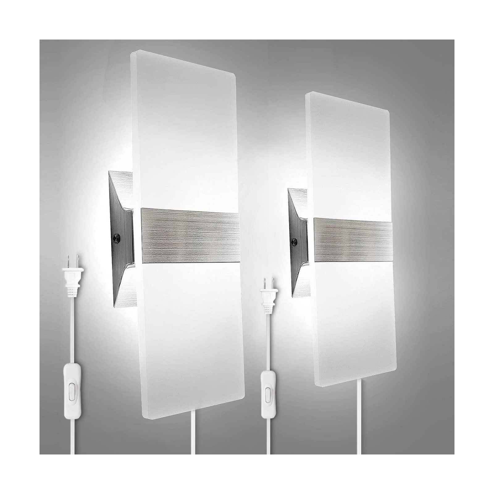 KICAAO Modern Wall Sconces Set of Two, Plug in 10W 6000K Cool White | Acrylic Wall Lights with 6FT/180cm Plug in Cord