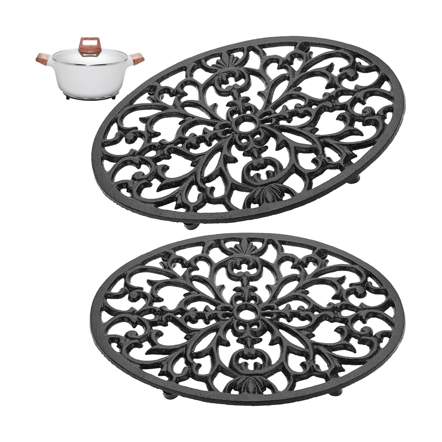 Sumnacon 2Pcs Oval Cast Iron Trivet - Antique Heat Resistant Metal Trivet for Hot Dish Pot Pan Teapot, Vintage Well