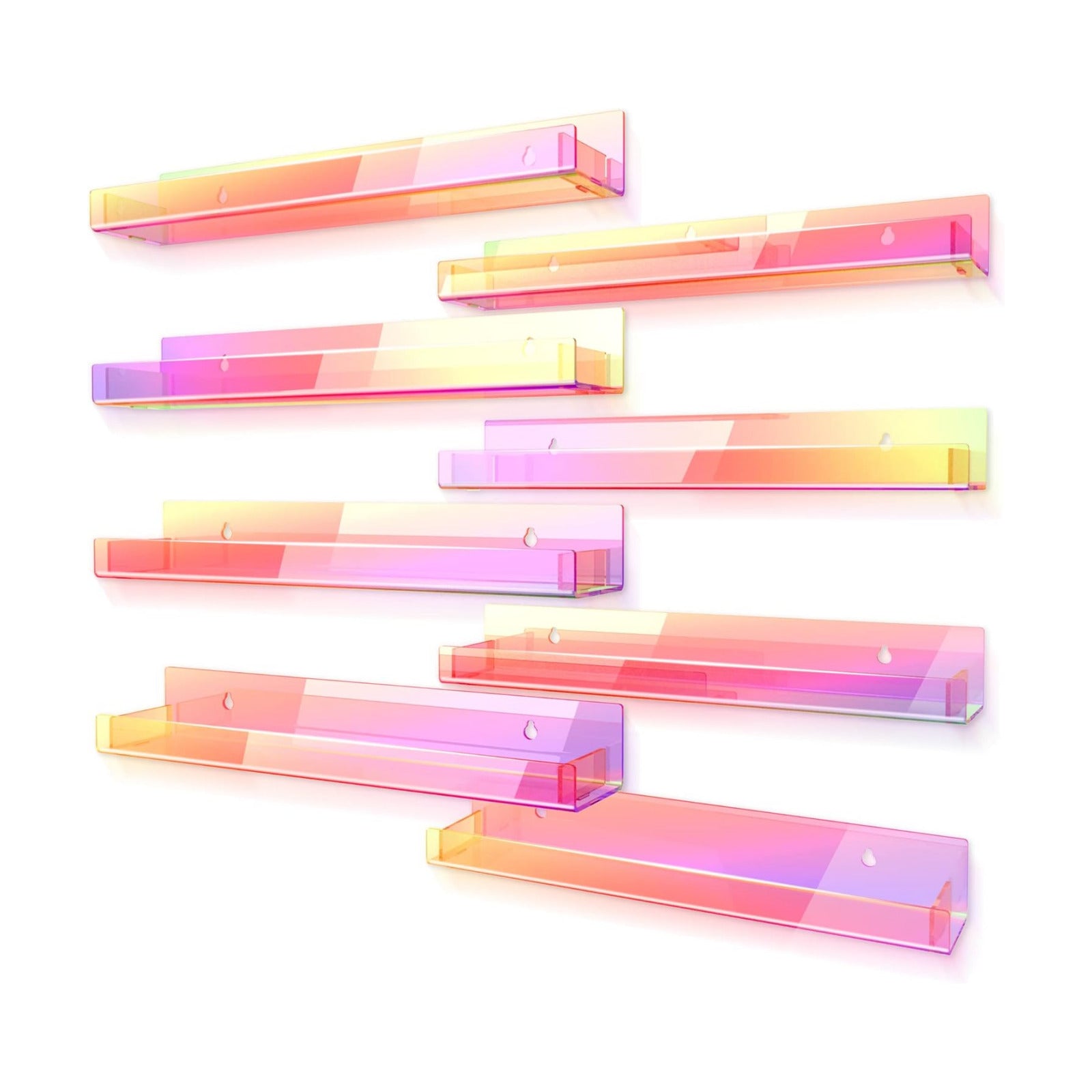 8 Pack 15 Inch Iridescent Acrylic Floating Wall Shelves, Rainbow Shelves | Modern Display Shelf for Sunglasses, Oils
