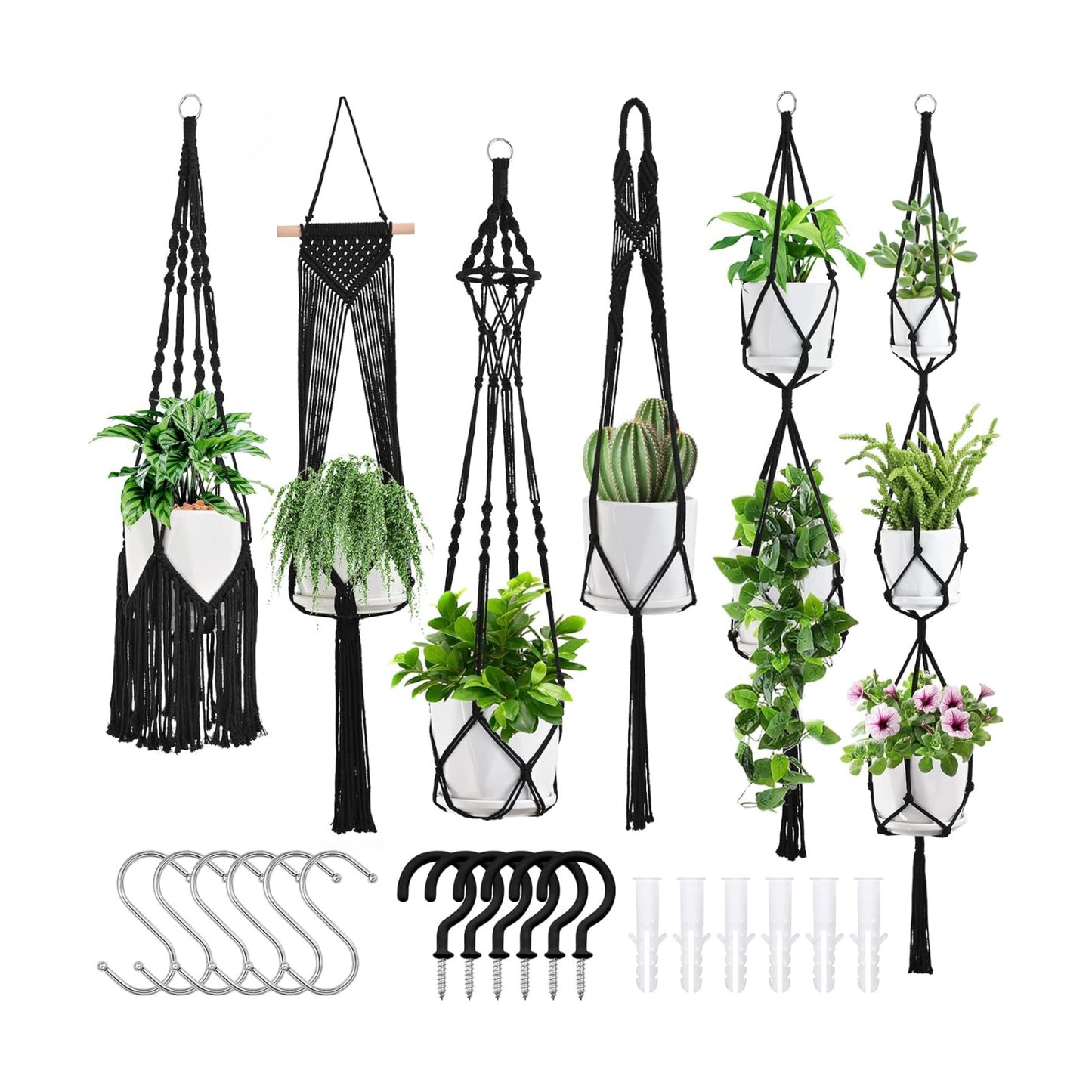 Macrame Plant Hangers / Black / Set of 6