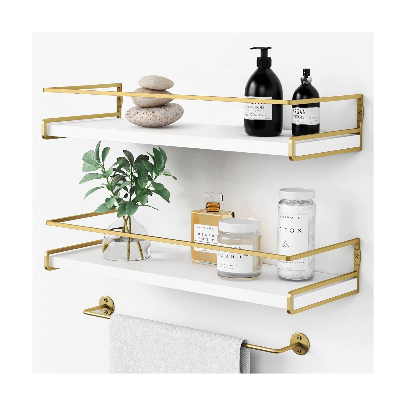 Forbena Floating Bathroom Shelves Wall Mounted, Aesthetic White and Gold Shelves for Bathroom Accessories, Modern