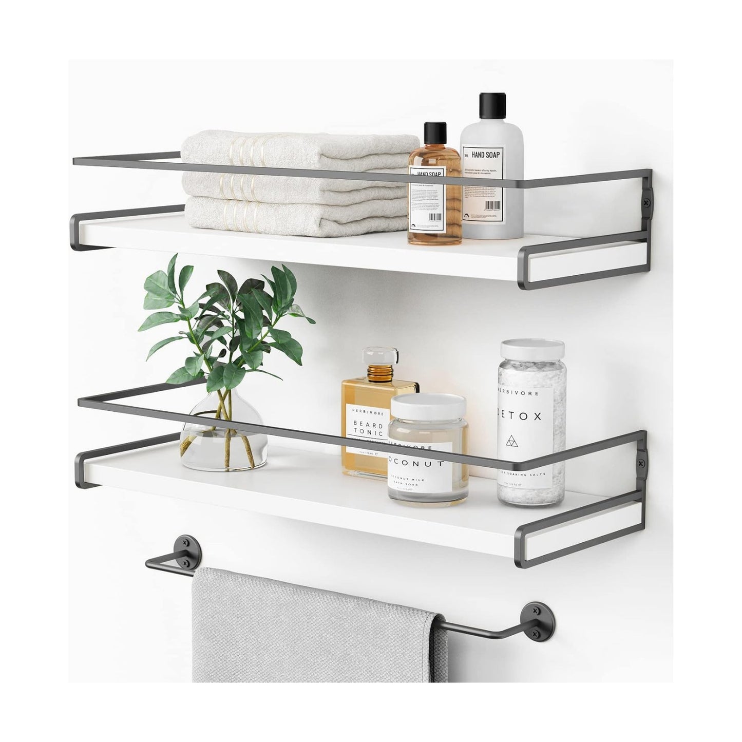 Forbena White Floating Shelves for Bathroom Organizer Over Toilet, Bathroom Shelves Wall Mounted with Towel Rack