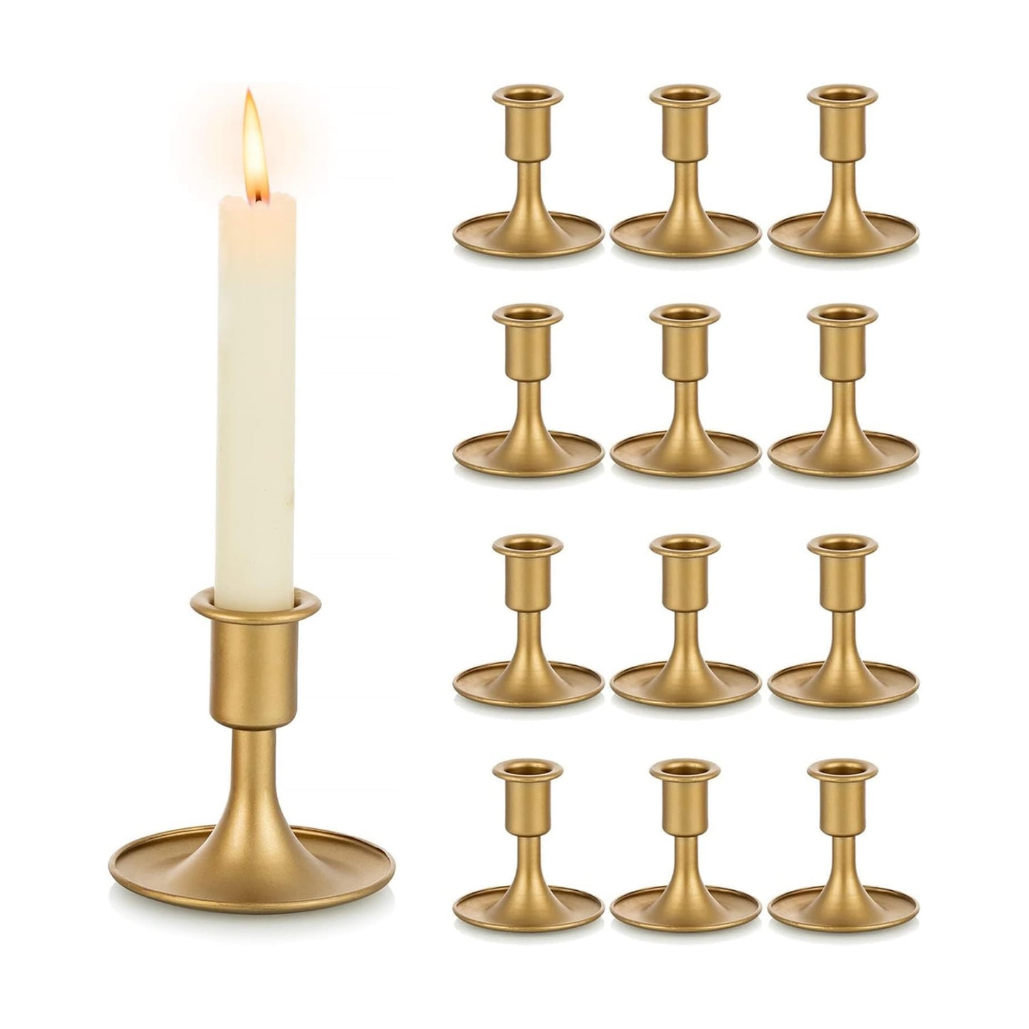 Gold Taper Candle Holder Set of 12, Hewory Short Skinny Brass Candlestick Holders, Vintage Small Low Metal Candles