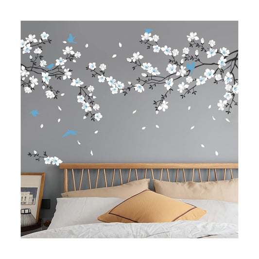 Wall Stickers / Cherry Blossom Wall Decal Birds on Tree Branch Art Sticker / Blue White Flower