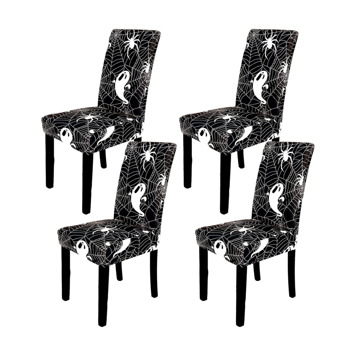 Whaline 4Pcs Halloween Chair Covers Black White Spider Web Ghost Skull Pattern Dining Chair Slipcovers Stretch Elastic Seat Covers for Halloween Party Home Kitchen Hotel Restaurant Ceremony Decor