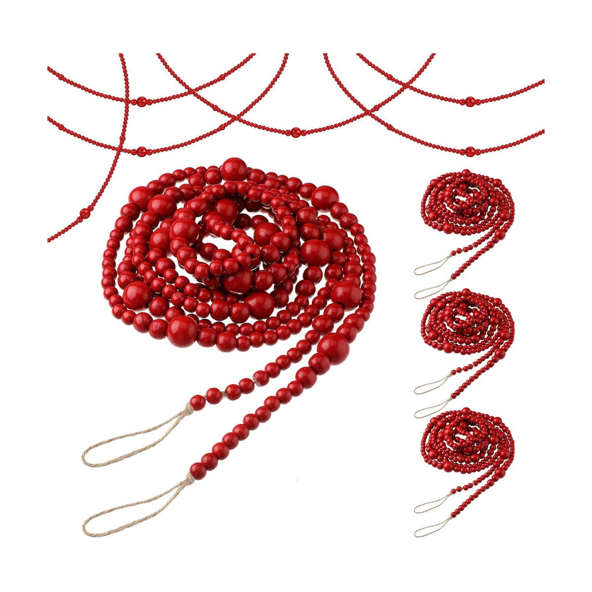 Yinder 4 Pcs 48 ft Red Wood Bead Garland for Christmas Tree Rustic Wooden Christmas Garland Decorations Natural Wall