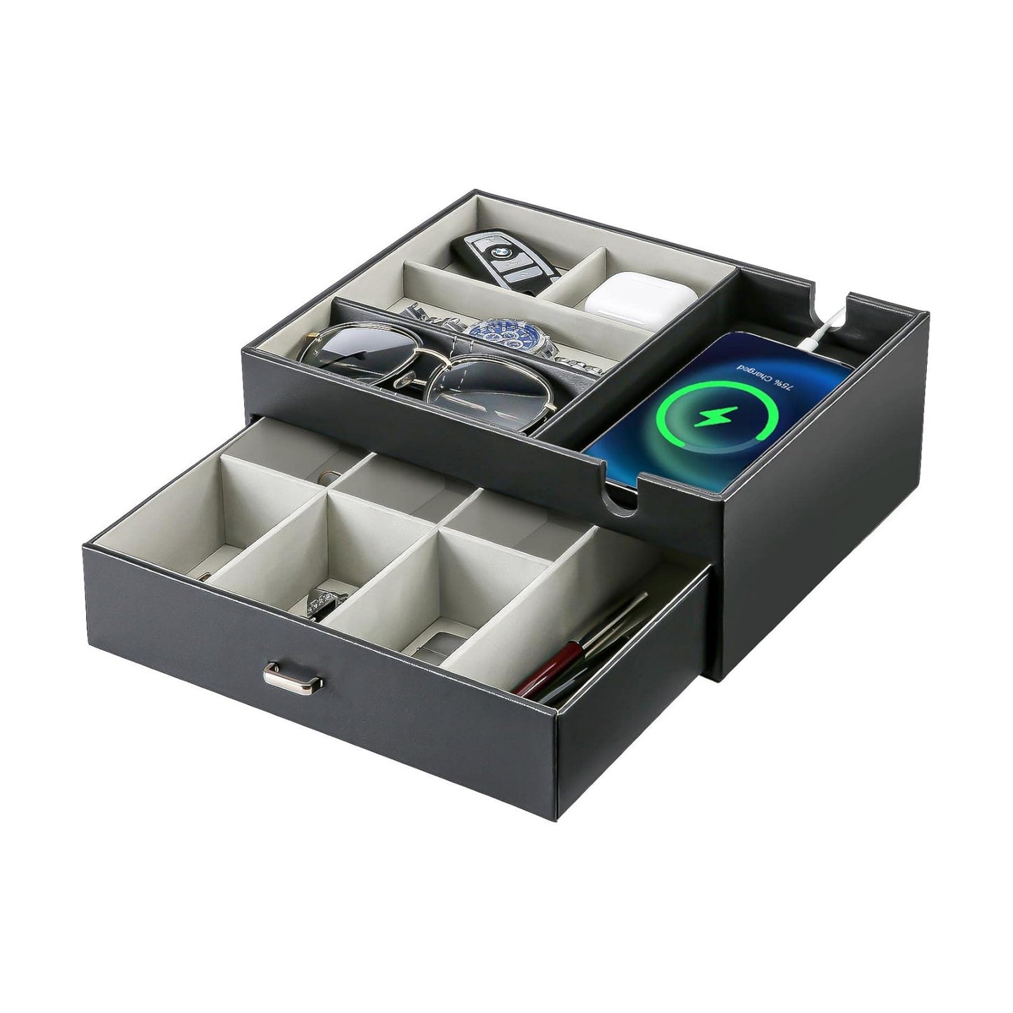 ProCase 2 Layers Valet Tray Gift for Men, Nightstand Organizer EDC Dump Catchall Trays with Phone Charging Station