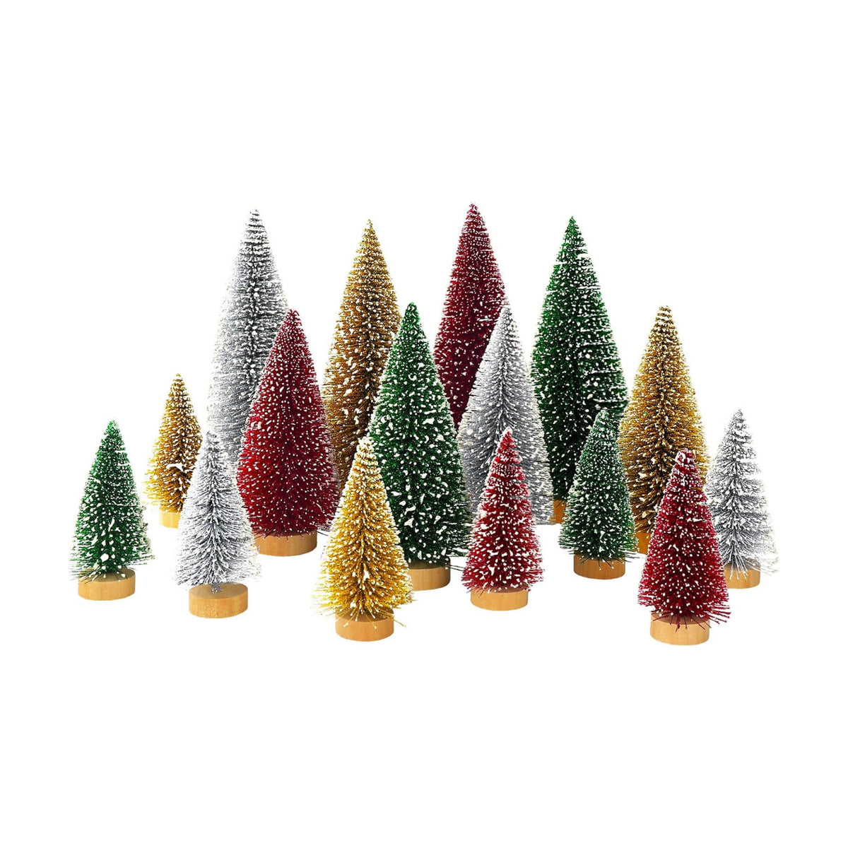 Whaline 16Pcs Artificial Mini Christmas Tree Snow Frosted Trees Red Green Gold Silver Bottle Brush Trees Desktop Mini Pine Tree with Wood Base for Xmas Home Office Tabletop Crafts, 3 Sizes