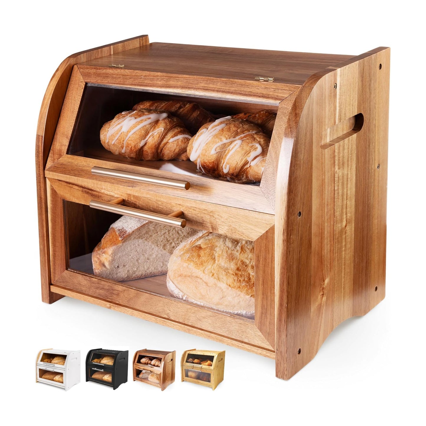 Arise Acacia Wooden Bread Box for Kitchen Countertop, Extra Large 2-Shelf | Bread Storage Container with Clear Windows