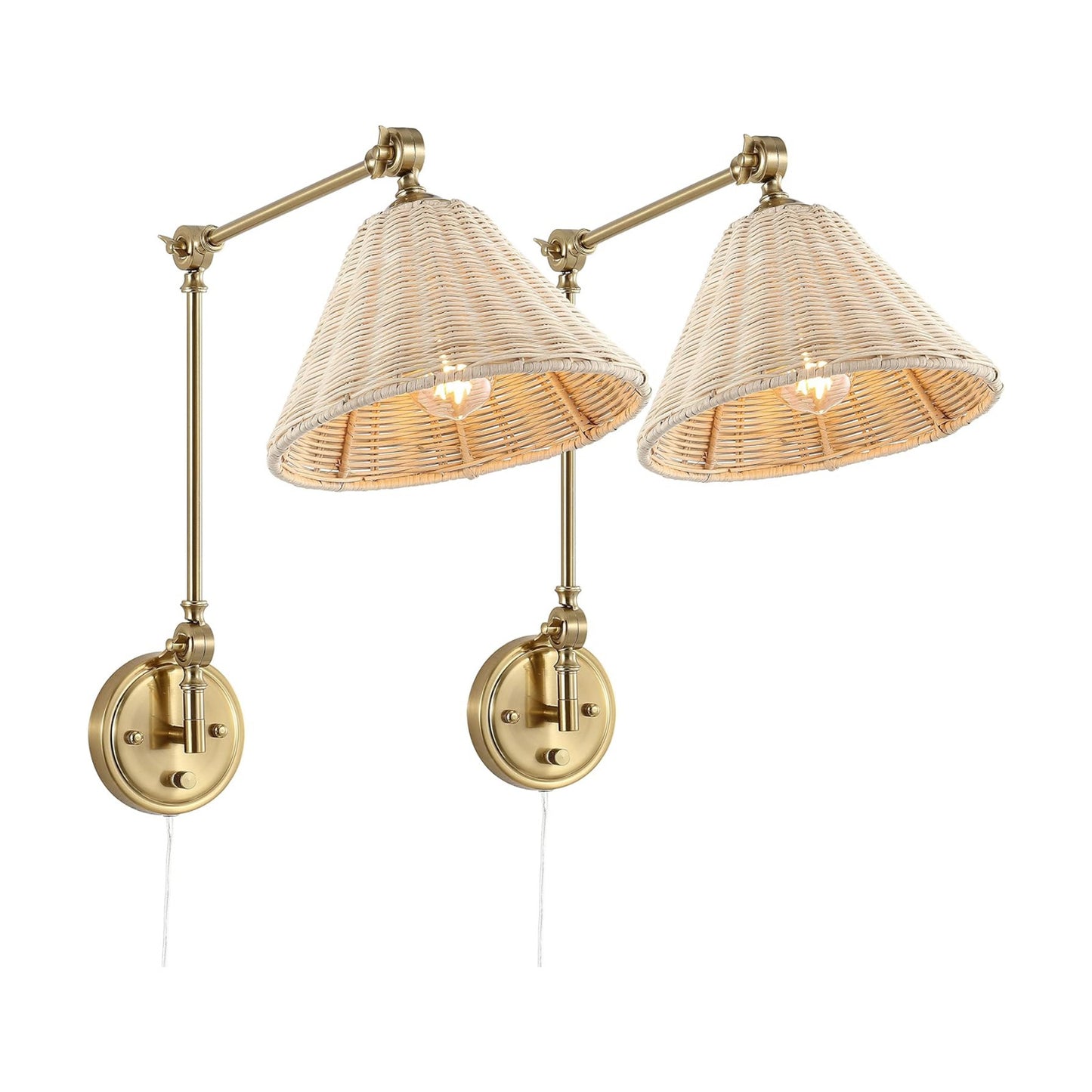 WINGBO Wall Sconce Rattan Wrapped Wall Lamp, Large Lampshade, Adjustable Swing Arm Wall Light Gold Vintage Bedside