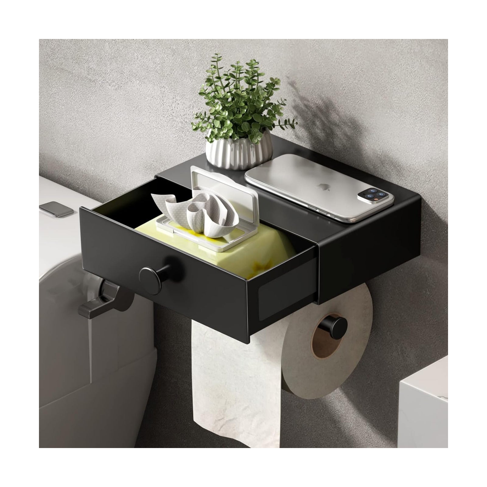 VOLDRA Toilet Paper Holder with Shelf Black Wipes Dispenser for Bathroom Toilet Paper Holder with Storage Upgrade