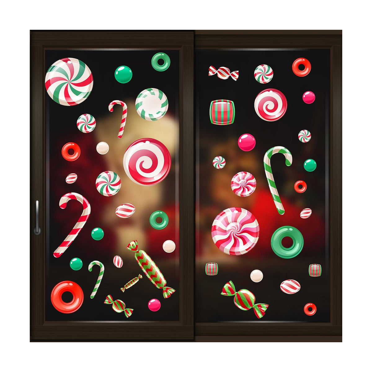 WALPLUS Christmas Window Clings Christmas Decorations Clearance Christmas Wall Sticker Double-Sided Reusable Peel and Stick Removable for Glass Living Room Xmas Peppermint Candy and Sweets 46 Pieces