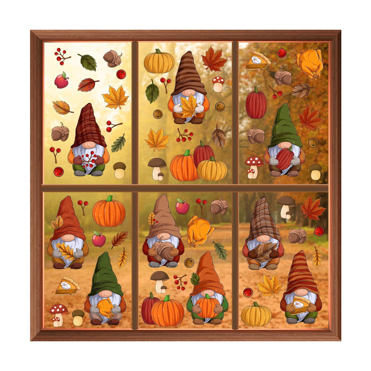WALPLUS Fall Decor Autumn Window Clings Thanksgiving Decorations Double-Sided Reusable Peel and Stick Removable for Glass Living Room Nursery Room Home Office Thanksgiving Gnomes 102 Pieces