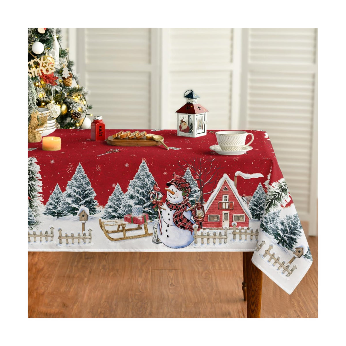Horaldaily Christmas Tablecloth 60×84 Inch, Winter Snowman House Christmas Trees Red Washable Table Cover for Party Picnic Dinner Decor