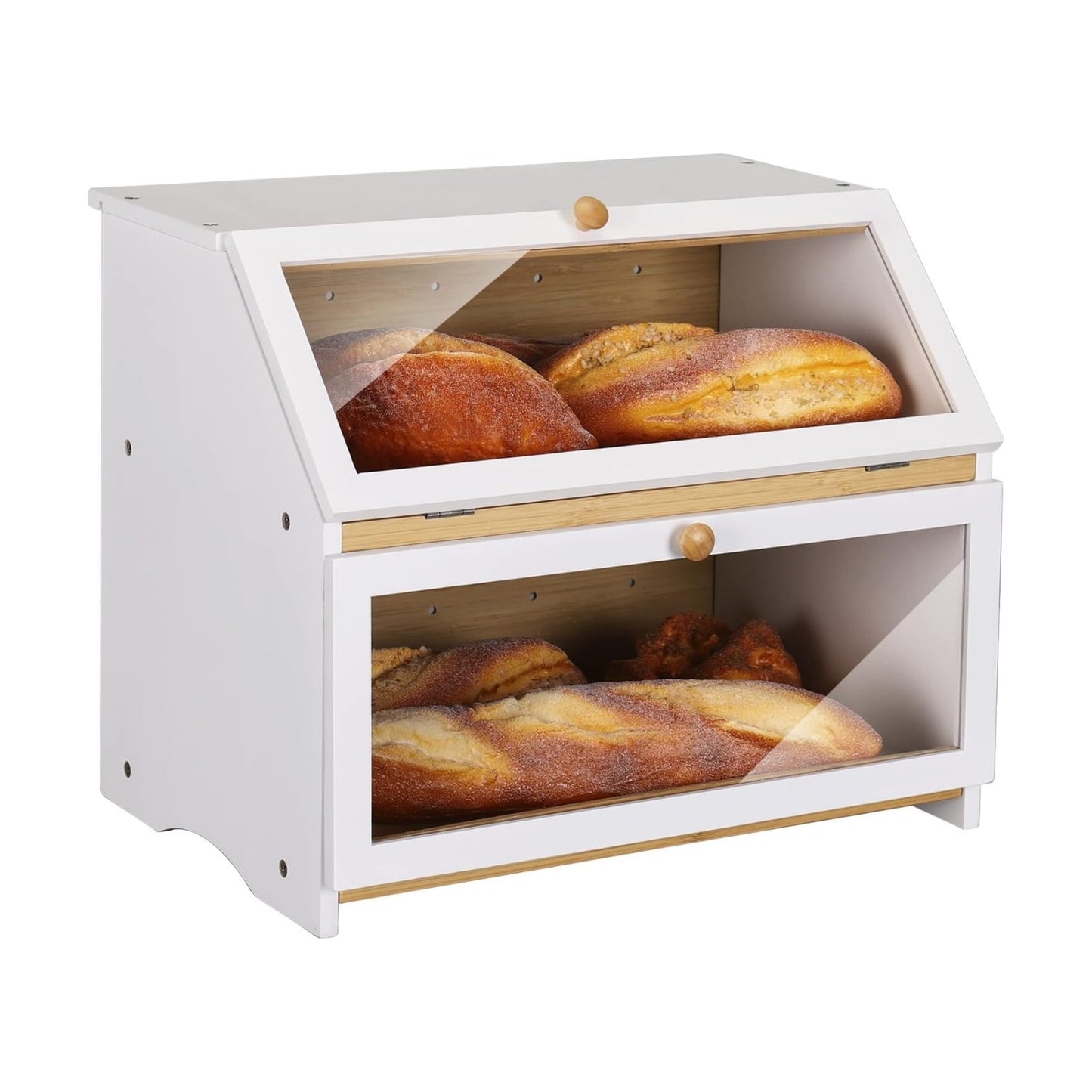 HOMEKOKO Double Layer Wood Bread Box for Kitchen Counter,Keep Fresh, White | Keeps Bread Fresh 3-4 Days, Large Capacity