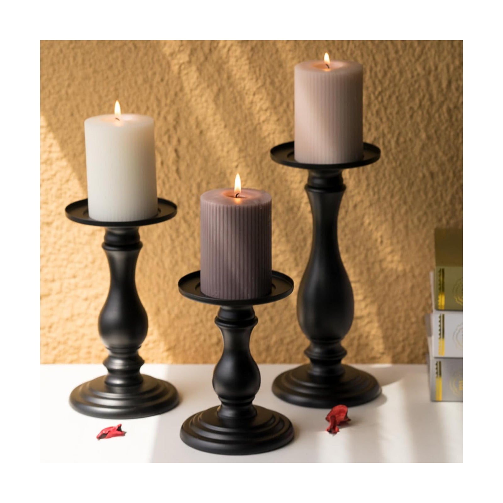 Matte Black Pillar Candle Holders Set of 3-10", 8", 6”H Candlestick Candle Holders Stand, Home Coffee Table Decor