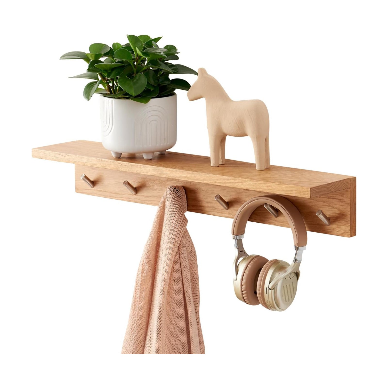 Coat Rack Shelf Wall Mounted Oak Wood Entryway Shelf with 6 Hooks Wall Coat Hook Rack with Floating Shelf for Bedroom