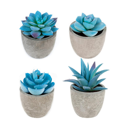 Fake Succulent Plants in Pots / Blue / Set of 4
