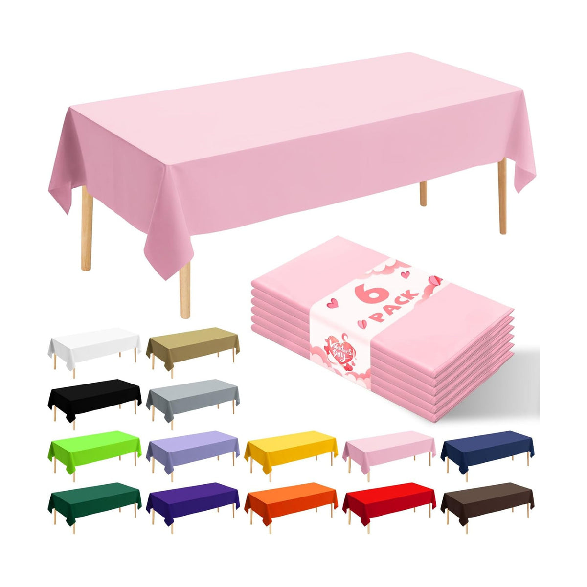 6 Pack Premium Disposable Plastic Tablecloth 54" x 108" Party Table Cloths Disposable for 6 to 8 Foot Tables Indoor or Outdoor Parties Birthdays Weddings Christmas Anniversary Buffet Table (Pink)