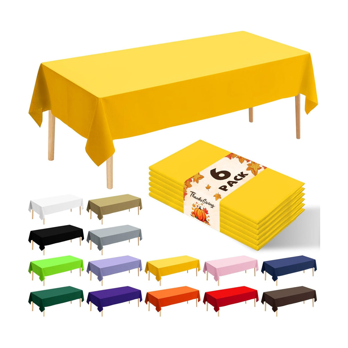 6 Pack Premium Disposable Plastic Tablecloth 54" x 108" Party Table Cloths Disposable for 6 to 8 Foot Tables Indoor or Outdoor Parties Birthdays Weddings Christmas Anniversary Buffet Table (Yellow)