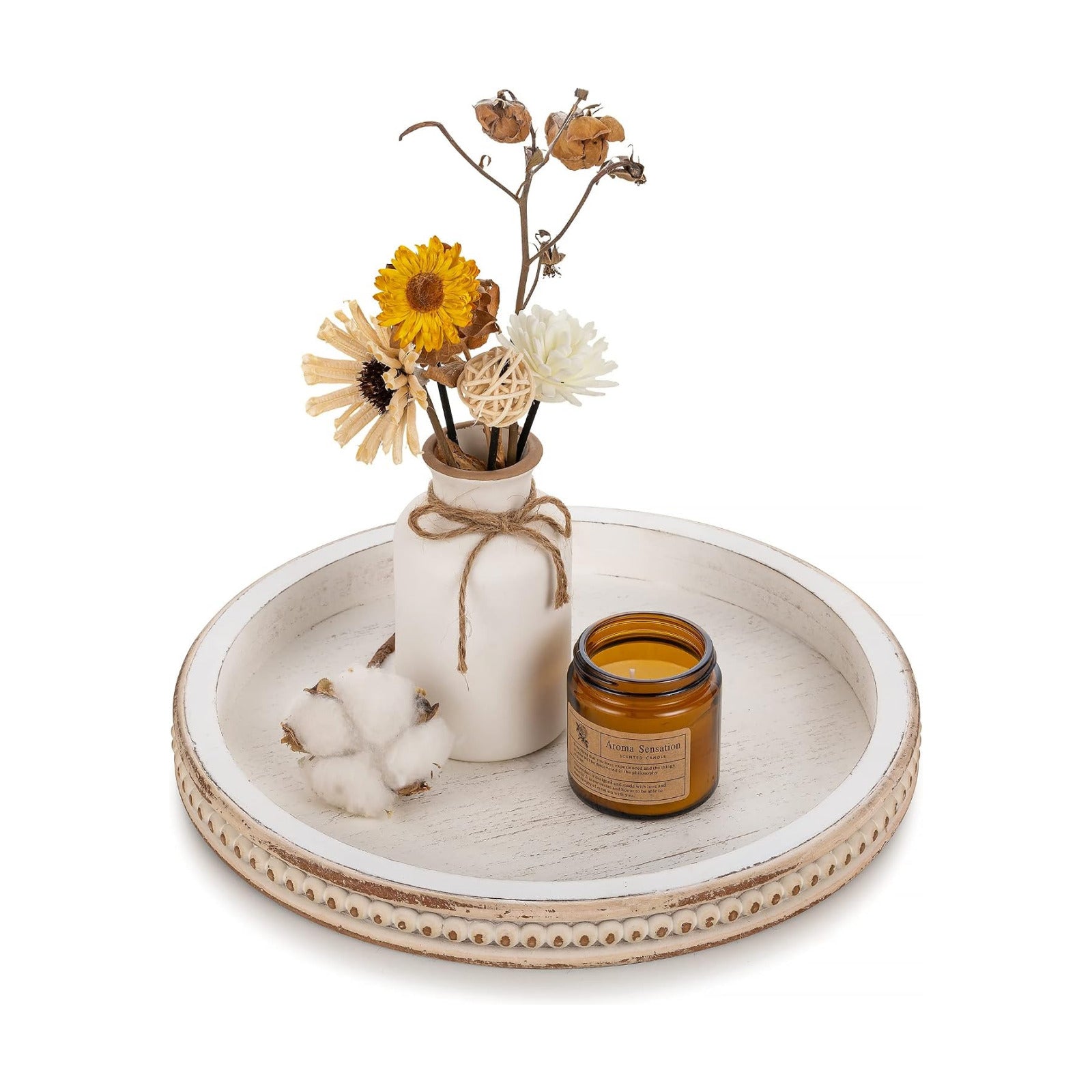 10.5- Round Whitewashed Wood Tray for Rustic Farmhouse Living Room Kitchen / 11.8 / White Washed