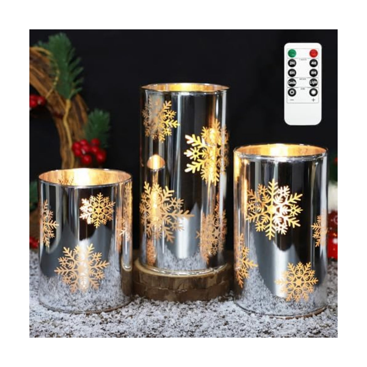 Crystal Club Christmas Flameless Candles with Remote, Set of 3, Snowflake Plating Battery Operated LED Candles, Glass Effect Pillar Candle Flickering with Remote for Home Decor
