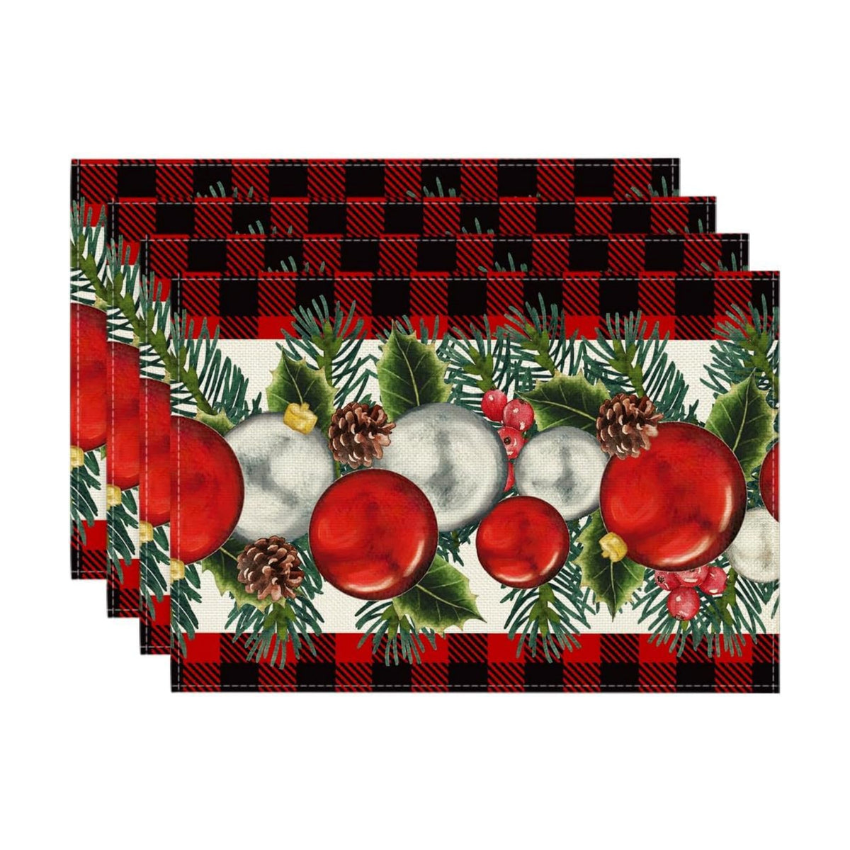 Artoid Mode Red Black Buffalo Plaid Holly Pine Cones Christmas Balls Placemats Set of 4, 12x18 Inch Seasonal Winter Table Mats for Party Kitchen Dining Decoration