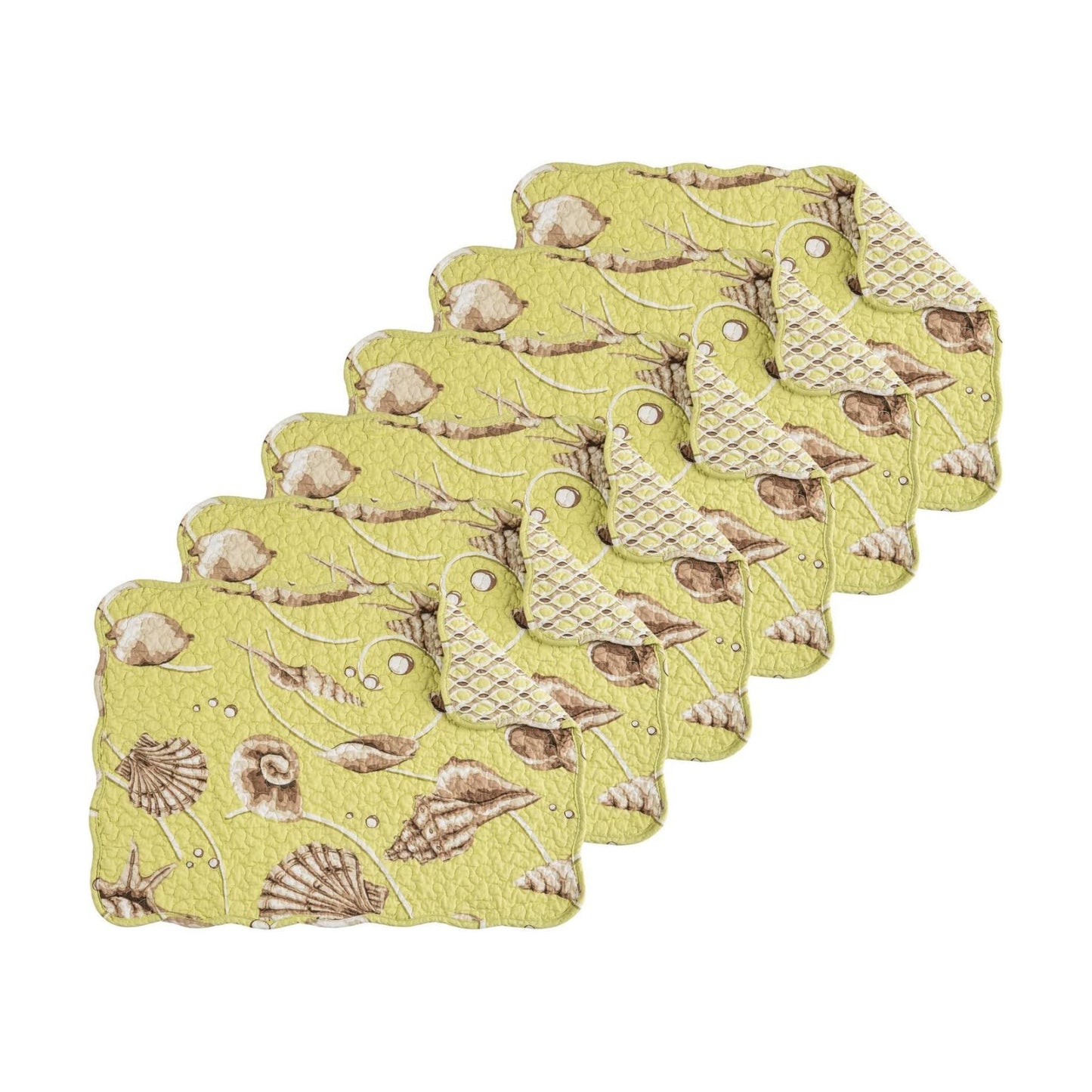 C&F Home Baker Cotton Quilted Reversible Machine Washable Green Seashell Vintage Design Placemat Set of 6 Scalloped