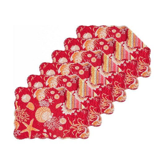 Ruby Red & Orange Vintage 100% Cotton Quilted Set of 6 Placemats 13" x 19" | Coastal Decor, Set of 6, Gift Idea