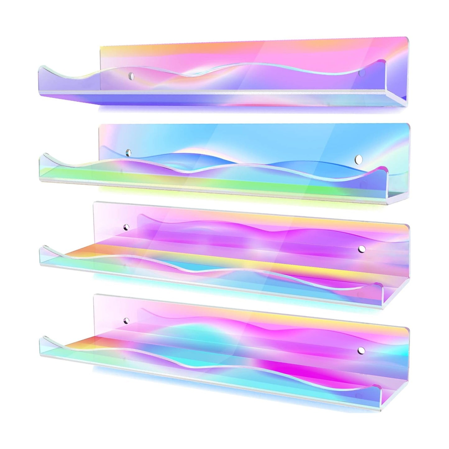DILIBRA 4 Packs Iridescent Acrylic Floating Shelves, 15.7Inch Display Shelf | Acrylic Invisible Shelf Wall Mounted Set